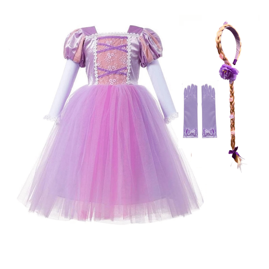 Prinsessenjurk Rapunzel + rapunzel haarband en handschoenen