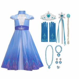 Elsa jurk + tiara + toverstaf + handschoenen + vlecht & juwelen