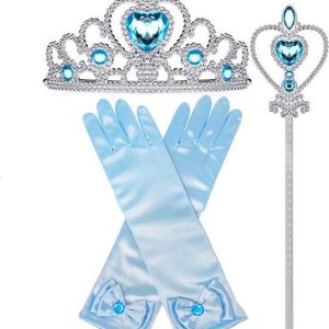 Tiara, toverstaf, lange blauwe prinsessenhandschoenen