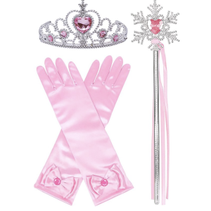 Kroon, toverstaf, lange roze prinsessenhandschoenen