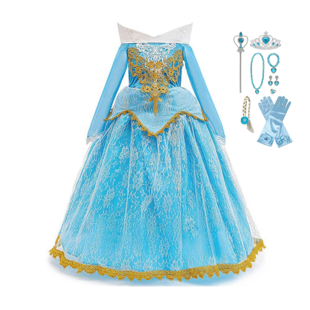 Doornroosje blauwe prinsessenjurk met accessoires www.prinsessenjurk.nl